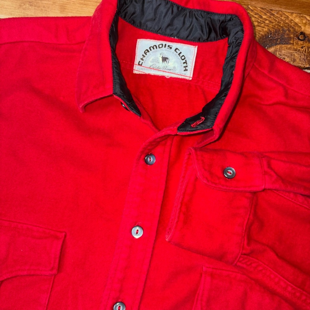 Vtg Eddie Bauer Chamois Cloth Flannel Shirt Men L Red Heavy Cat Eye Button 1980s